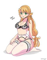  absurdres blonde_hair blush bra breasts cleavage commission english_commentary english_text female fire_emblem fire_emblem_heroes garter_belt green_eyes highres jarckius lap_pillow_invitation lingerie looking_at_viewer medium_breasts no_shoes open_mouth panties sharena_(fire_emblem) solo thighhighs underwear white_bra white_panties white_thighhighs 