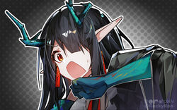  arknights black_coat black_hair cleavage_cutout clothing_cutout coat colored_skin commentary_request dragon_girl dragon_horns dusk_(arknights) earrings female hair_over_one_eye highres horns jewelry necktie off-shoulder_coat off_shoulder open_mouth partial_commentary pointy_ears red_eyes red_necktie rockyroo solo surprised sweatdrop twitter_username watermark 