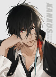  1boy black_hair black_necktie buttons character_name chinese_commentary closed_mouth collarbone collared_shirt commentary_request feathers grey_background hand_on_own_cheek hand_on_own_face katekyo_hitman_reborn! looking_at_viewer male_focus necktie photoshop_(medium) red_eyes red_feathers ru_(famia) scar shirt simple_background solo upper_body white_shirt xanxus 