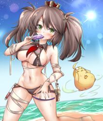  azur_lane bandaged_arm bandaged_leg bandages bare_shoulders beach bikini black_bikini black_nails blue_sky blush bottle breasts brown_hair center_opening collared_bikini commentary_request crown day eyepatch female floating food green_eyes groin hair_between_eyes hair_ornament highres holding holding_food kneeling large_breasts lens_flare long_hair looking_at_viewer manatu_kato manjuu_(azur_lane) midriff mini_crown multi-strapped_bikini navel neckerchief o-ring ocean outdoors popsicle pouch sand sidelocks sky solo_focus sun sweat swimsuit test_tube twintails underboob x_hair_ornament york_(azur_lane) york_(summoner_from_the_azure_depths)_(azur_lane) 