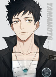  1boy bandages black_hair brown_eyes character_name chinese_commentary closed_mouth collar collarbone commentary_request grey_background jewelry katekyo_hitman_reborn! looking_up male_focus necklace open_clothes photoshop_(medium) ring ru_(famia) simple_background solo spiked_hair upper_body yamamoto_takeshi 