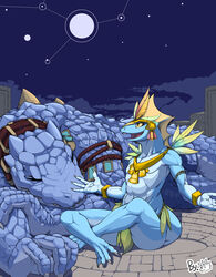  absurd_res ambiguous_gender anthro armband blue_body blue_scales bracelet circlet closed_eyes countershading crossed_legs dialogue duo feathers frill_(anatomy) gold_(metal) gold_jewelry head_crest head_frill hi_res jewelry komolord kroxigor lizardman lizardman_(warhammer) lying necklace night on_front open_mouth outside pupils reptile scales scalie sitting skink_(warhammer_fantasy) sky sleeping slit_pupils star starry_sky teeth tongue warhammer_(franchise) warhammer_fantasy yellow_eyes yellow_frill 