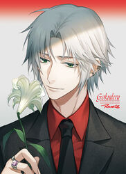  1boy black_jacket black_necktie character_name closed_mouth collared_jacket collared_shirt commentary_request dress_shirt earrings flower formal gokudera_hayato green_eyes grey_background grey_hair hand_up holding holding_flower jacket jewelry katekyo_hitman_reborn! lapels lily_(flower) looking_at_flowers looking_at_object looking_down male_focus multicolored_background multiple_rings necktie notched_lapels partial_commentary red_background red_shirt ring ru_(famia) shirt simple_background solo suit upper_body white_flower white_lily 