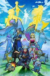  1boy 2girls adaman_(pokemon) akari_(pokemon) arceus artist_name baimon bandaged_arm bandages basculegion black_hair blonde_hair blue_hair blue_sky bracelet crossed_arms cyndaquil galaxy_expedition_team_survey_corps_uniform glaceon grass head_scarf highres hisuian_arcanine hisuian_avalugg hisuian_braviary hisuian_electrode hisuian_lilligant irida_(pokemon) jewelry kleavor leafeon looking_at_viewer mountain mountainous_horizon multiple_girls neck_ring oshawott poke_ball poke_ball_(legends) pokemon pokemon_(creature) pokemon_legends:_arceus rowlet scarf shirt short_hair sky sneasler squatting strapless strapless_shirt volcano waist_cape wyrdeer 