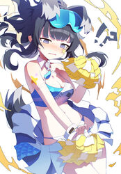  absurdres animal_ears bad_id bad_pixiv_id black_hair blue_archive blush breasts cheerleader cleavage dog_ears facial_mark female goggles goggles_on_head hibiki_(blue_archive) hibiki_(cheer_squad)_(blue_archive) highres liyom long_hair millennium_cheerleader_outfit_(blue_archive) navel official_alternate_costume open_mouth panties pleated_skirt pom_pom_(cheerleading) purple_eyes simple_background skirt solo underwear white_background 