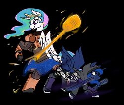  armor blue_body blue_eyes blue_fur blue_hair clothed clothing crossover destiny_(video_game) duo equid equine female feral fluffy fluffy_tail friendship_is_magic fur hair hammer hammer_of_sol hasbro hijackerdraws horn horse hunter_(destiny) mammal maul melee_weapon multicolored_hair my_little_pony pony princess_celestia_(mlp) princess_luna_(mlp) purple_eyes simple_background smile spectral_blades sword tail titan_(destiny) tongue tongue_out tools weapon white_body wings 