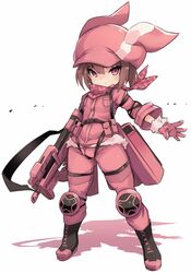  animal_ears animal_hat bandana black_footwear blush boots brown_hair bullpup closed_mouth colored_shadow commentary_request fake_animal_ears female full_body fur-trimmed_gloves fur_trim gloves gun hair_between_eyes hat highres holding holding_gun holding_weapon jacket karukan_(monjya) llenn_(sao) long_sleeves looking_at_viewer p-chan_(p90) p90 pants pink_bandana pink_gloves pink_hat pink_jacket pink_pants rabbit_ears rabbit_hat red_eyes revision shadow solo standing submachine_gun sword_art_online sword_art_online_alternative:_gun_gale_online weapon white_background 