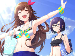  2girls :d ^_^ a-chan_(hololive) armpits bare_shoulders bikini bikini_skirt blue_sky brown_hair closed_eyes cowboy_shot day groin hair_ornament hairclip hip_bones hololive long_hair midriff mikan_(chipstar182) multiple_girls navel neckerchief open_mouth outdoors outstretched_arms sailor_collar sky smile spread_arms star_(symbol) star_hair_ornament stomach summer swimsuit tokino_sora tokino_sora_(hololive_summer_2019) virtual_youtuber wristband 