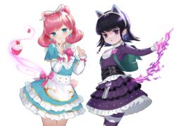  2girls absurdres animal_ears annie_(league_of_legends) apron backpack bag black_hair blush bow bowtie buttons cafe_cuties_(league_of_legends) cafe_cuties_annie cat_ears cherry cowboy_shot cross cross_earrings cupcake double-breasted dress dual_persona earrings fake_animal_ears fire food frilled_dress frills fruit goth_annie goth_fashion green_dress gummy_bear gummy_bear_earrings hairbow hands_up highres jewelry laon layered_dress layered_sleeves league_of_legends long_sleeves magic medium_hair multiple_girls official_alternate_costume pantyhose parted_lips pink_bow pink_bowtie pink_hair purple_eyes short_over_long_sleeves short_sleeves smile striped_clothes striped_pantyhose waist_apron white_bow white_legwear 