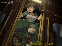  1990s_(style) artist_name blue_eyes bluethebone boots brown_hair commentary english_commentary english_text female green_footwear green_pants green_shirt gun handgun holding holding_gun holding_weapon pants patreon_username rebecca_chambers resident_evil resident_evil_0 retro_artstyle shirt short_hair short_sleeves socks subtitled train_interior weapon white_socks zombie 