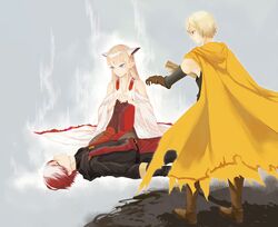  2boys absurdres alex_the_sage_in_yellow belt black_gloves blonde_hair blue_eyes boots braid brown_footwear brown_gloves cane cape closed_eyes death detached_sleeves ezel_the_king_of_fire_and_iron falia_the_queen_of_the_mountains female gloves hand_grab headpiece highres long_hair long_sleeves looking_at_another lying multicolored_hair multiple_boys on_back outdoors pixiv_fantasia pixiv_fantasia_last_saga pointy_ears red_eyes red_hair sawa_(textic) simple_background sleeveless standing twin_braids two-tone_hair white_hair wide_sleeves yellow_cape 