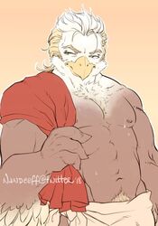  2018 accipitrid accipitriform anthro avian beak bird blonde_hair brown_body brown_feathers eagle feathers hair holding_object holding_towel lifewonders male multicolored_body multicolored_feathers muscular muscular_anthro muscular_male nandeeff navel nipples pubes signature solo thunderbird_(tas) tokyo_afterschool_summoners towel two_tone_body two_tone_feathers white_body white_feathers 