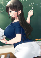  ass black_hair blush breasts chalkboard earrings female grin highres jewelry large_breasts long_hair looking_at_viewer original pantylines pencil_skirt see-through skirt smile solo suzuki_nene teacher teeth 