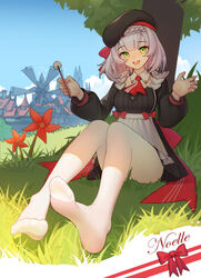  :d absurdres apron blue_sky blunt_bangs bow braid breasts cabbie_hat character_name employee_uniform feet female fingernails flower foot_focus full_body genshin_impact grass green_eyes half-closed_eyes hat highres jiachong_jun_z kfc legs long_sleeves looking_at_viewer no_shoes noelle_(genshin_impact) noelle_(kfc)_(genshin_impact) official_alternate_costume open_mouth orange_flower outdoors pantyhose red_bow short_hair sitting sky smile soles solo teeth toes tree tree_shade under_tree uniform upper_teeth_only white_hair white_pantyhose windmill windwheel_aster_(genshin_impact) 