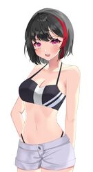  absurdres bang_dream! bikini black_hair blush breasts cleavage female highres large_breasts mitake_ran multicolored_hair navel open_mouth red_eyes red_hair short_hair short_shorts shorts solo stomach streaked_hair suisen_(suisenhwa) swimsuit two-tone_hair v-shaped_eyebrows 