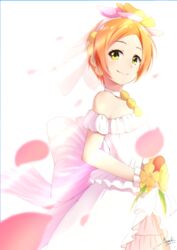  artist_name birthday bridal_veil chromatic_aberration commentary_request dated dress female flower frilled_dress frills hair_flower hair_ornament haruna_miyabi highres hoshizora_rin love_live! love_live!_school_idol_project love_wing_bell off_shoulder orange_hair petals short_hair signature smile solo veil wedding_dress 