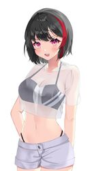  absurdres bang_dream! bikini black_hair blush breasts cleavage crop_top female highres large_breasts mitake_ran multicolored_hair navel open_mouth red_eyes red_hair see-through see-through_shirt shirt short_hair short_shorts shorts solo stomach streaked_hair suisen_(suisenhwa) swimsuit t-shirt two-tone_hair v-shaped_eyebrows 