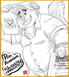  2019 absurd_res anthro belly canid canine canis clothing delivery_(commerce) delivery_bear_service delivery_employee domestic_dog hat headgear headwear hi_res humanoid_hands kamui_shirow male mammal overweight overweight_anthro overweight_male shirt solo spanish_text text topwear translated 