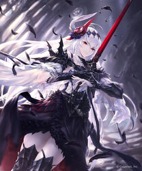  armor cygames dark_jeanne feather_hair_ornament feathers female hair_ornament hisakata_souji jeanne_d&#039;arc_(granblue_fantasy) long_hair looking_at_viewer red_eyes shadowverse single_vambrace smile solo sword vambraces weapon white_hair 