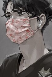  1boy bad_id bad_twitter_id black_eyes black_hair earphones grey_background haikyuu!! highres keki_chogyegi korean_commentary male_focus mask mole mouth_mask my_melody onegai_my_melody sakusa_kiyoomi sanrio short_hair simple_background solo sportswear twitter_username upper_body volleyball_uniform 