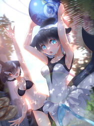  2girls absurdres arm_at_side arm_up armpits arms_up ball beachball bikini black_bikini black_hair blowhole blue_eyes blush breasts brown_eyes cetacean_tail cleavage collarbone colored_inner_hair commentary commerson&#039;s_dolphin_(kemono_friends) covered_navel dappled_sunlight day dolphin_girl dorsal_fin dutch_angle fins fish_tail hair_over_one_eye head_fins highres holding holding_ball japari_symbol kemono_friends long_bangs looking_at_viewer medium_breasts medium_hair multicolored_hair multiple_girls navel one-piece_swimsuit open_mouth orca_(kemono_friends) outdoors outstretched_arm outstretched_arms parted_bangs sarutori smile stomach sunlight sweat swimsuit tail two-tone_hair white_hair white_one-piece_swimsuit 