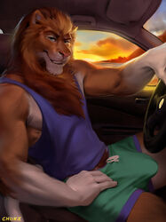  2020 anthro blue_eyes bottomwear bulge chunie claws clothing detailed_background digital_media_(artwork) felid hi_res in_car lion looking_at_viewer mafundi male male_only mammal mane muscle_top muscular muscular_male pantherine shorts smile solo sunset 