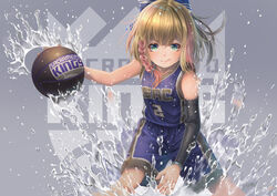  :d alternate_costume azur_lane ball basketball basketball_(object) basketball_uniform braid collarbone cowboy_shot detached_sleeves dribbling_(basketball) female grey_background logo looking_at_viewer mitch_richmond multicolored_hair name_connection national_basketball_association richmond_(azur_lane) sacramento_kings side_braid sleeveless smile splashing sportswear standing streaked_hair tongue tongue_out water yakkuro 