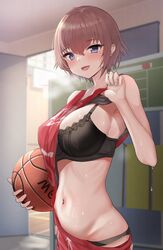  armpits ball basket basketball basketball_(object) blush breasts clothes_lift commentary dripping female gym hair_between_eyes highres large_breasts midriff mole mole_under_eye narrow_waist navel one_breast_out open_mouth original oversized_clothes panty_straps shirt_lift short_hair solo sportswear sweat take_(trude1945oneetyan) underwear 