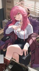  aru_(blue_archive) black_skirt blue_archive bra bra_peek breasts chair cleavage coat commentary crossed_legs desk female fur-trimmed_coat fur_trim grin halo highres horns kookie large_breasts long_hair looking_at_viewer office office_chair parted_lips partially_unbuttoned pen pencil_skirt phone pink_eyes pink_hair shirt_tucked_in sitting skirt smile solo swivel_chair thighs underwear window_blinds 