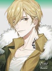  1boy blonde_hair brown_eyes character_name closed_mouth collarbone collared_shirt commentary_request dino_(reborn) fur_collar fur_trim green_background grey_background hair_between_eyes high_collar katekyo_hitman_reborn! looking_at_viewer male_focus multicolored_background partial_commentary ru_(famia) shirt simple_background smile solo tattoo upper_body yellow_shirt 