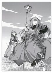  2girls ;d capelet cloak floating_hair greyscale hat highres holding holding_staff holo hood hood_up hooded_cloak koume_keito long_hair long_skirt looking_at_viewer monochrome multiple_girls nora_arento oerba_yun_fang official_art one_eye_closed open_mouth outdoors pants pants_under_skirt shirt skirt smile spice_and_wolf staff standing tail very_long_hair wolf_girl wolf_tail 