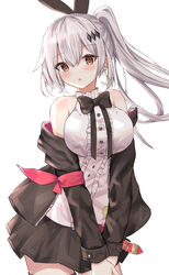  1revy :o bare_shoulders black_bow black_bowtie black_jacket black_skirt bow bowtie breasts brown_eyes commentary_request cowboy_shot crescent crescent_earrings earrings female five-seven_(girls&#039;_frontline) frilled_shirt frills girls&#039;_frontline hair_between_eyes hair_ornament hair_ribbon highres jacket jewelry large_breasts long_hair long_sleeves looking_at_viewer miniskirt open_clothes open_jacket parted_lips red_ribbon ribbon shirt side_ponytail sidelocks simple_background skirt sleeveless sleeveless_shirt solo thigh_strap v_arms white_background white_hair white_shirt 