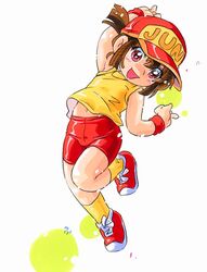  arm_up armpits bad_id bad_twitter_id bakusou_kyoudai_let&#039;s_&amp;_go!! baseball_cap bike_shorts brown_eyes brown_hair character_name female full_body hat hoshino_fuuta inactive_account kneehighs leg_lift lolicon navel open_mouth ponytail red_footwear red_hat red_shorts sagami_jun shirt shoes short_hair shorts simple_background sleeveless sleeveless_shirt smile sneakers socks solo standing standing_on_one_leg white_background wristband yellow_shirt yellow_socks 