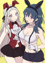  2girls alternate_costume animal_ears blue_eyes blue_hair blush breasts bunny_day byleth_(female)_(fire_emblem) byleth_(fire_emblem) cleavage closed_mouth commentary_request edelgard_von_hresvelg fire_emblem fire_emblem:_three_houses hair_ornament hair_ribbon highres large_breasts long_hair looking_at_viewer medium_hair multiple_girls navel open_mouth playboy_bunny purple_eyes rabbit_ears ribbon shirt simple_background skirt smile suspenders white_background white_shirt yudepan_(yuri_no_sugata) yuri 