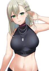  absurdres adjusting_hair armpits asymmetrical_bangs bare_shoulders belt black_belt blush breasts bustier choker dobure18 dog_tags ear_piercing earrings female green_eyes grey_hair hair_flip hair_lift hands_in_hair highres jewelry looking_at_viewer medium_breasts midriff miyu_ottavia miyu_ottavia_(2nd_costume) multicolored_hair navel necklace nijisanji nijisanji_id official_alternate_costume parted_lips piercing pink_choker pink_hair simple_background smile solo streaked_hair tattoo virtual_youtuber white_background 