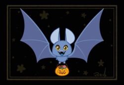  2019 animated bat black_background blue_body blue_fur blue_tongue border brown_eyes bucket candy carrying_another container cute_fangs dessert digital_drawing_(artwork) digital_media_(artwork) feral flying food front_view fur halloween holidays looking_at_viewer loop mammal membrane_(anatomy) membranous_wings open_mouth open_smile pink_nose short_playtime signature simple_background smile solo tongue vaporotem wings yellow_sclera 