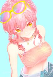  absurdres bare_shoulders breasts eyewear_on_head female highres hukka_(hukka_ready) idolmaster idolmaster_cinderella_girls jougasaki_mika looking_at_viewer medium_breasts pink_hair simple_background smile solo strapless tinted_eyewear tube_top twintails yellow_eyes 