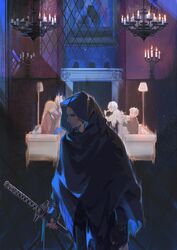  4boys black_dress black_gloves black_shorts blonde_hair blue_eyes blush breasts candelabra candle candlestand cleavage clenched_hand cloak closed_eyes closed_mouth coat couch crack cracked_skin cracked_wall cumcmn cup dante_(devil_may_cry) devil_may_cry_(series) devil_may_cry_5 dress drinking eating eva_(devil_may_cry) family female fingerless_gloves fingernails fire fork gloves hair_slicked_back highres holding holding_cup holding_fork holding_plate holding_sword holding_weapon hood hood_up hooded_cloak illusion indoors katana lamp long_hair looking_back multiple_boys night plate portrait_(object) purple_coat sheath sheathed shorts sitting smile sparda spoilers sword tea_set teacup torn_cloak torn_clothes vergil_(devil_may_cry) weapon white_hair 