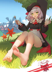  :d absurdres apron bare_legs barefoot blue_sky blunt_bangs bow braid breasts cabbie_hat character_name employee_uniform feet female fingernails flower foot_focus foreshortening full_body genshin_impact grass green_eyes half-closed_eyes hat highres jiachong_jun_z kfc legs long_sleeves looking_at_viewer mimikaki noelle_(genshin_impact) noelle_(kfc)_(genshin_impact) official_alternate_costume open_mouth orange_flower outdoors red_bow short_hair sitting sky smile soles solo teeth toes tree tree_shade under_tree uniform upper_teeth_only white_hair windmill windwheel_aster_(genshin_impact) 