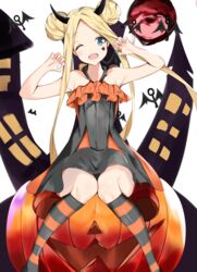  abigail_williams_(fate) absurdres bare_arms bare_shoulders bat_(animal) black_socks blonde_hair blue_eyes collarbone commentary double_bun dress facial_mark fate/grand_order fate_(series) female hair_bun halloween highres horns kneehighs long_hair looking_at_viewer one_eye_closed orange_socks parted_bangs sitting smile socks solo yukaa 