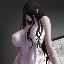  black_hair breasts chinese_commentary closed_mouth commentary_request covered_navel dress expressionless female gradient_background grey_background hair_between_eyes hair_over_eyes highres large_breasts long_hair partial_commentary solo static television the_ring upper_body wet wet_clothes white_dress yamamura_sadako yeklsa 