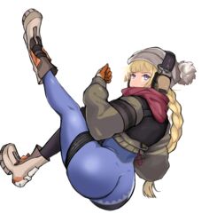  absurdres ass back bad_id bad_pixiv_id blonde_hair blue_eyes boots braid braided_ponytail brown_jacket closed_mouth female girls&#039;_frontline gloves grey_headwear headphones highres jacket korean_commentary leggings legs legs_up long_hair looking_at_viewer loveu official_alternate_costume orange_gloves red_scarf scarf solo spandex thighs vhs_(girls&#039;_frontline) vhs_(keeper_on_page_8)_(girls&#039;_frontline) white_background 