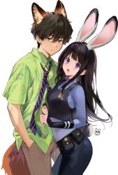  1boy :o animal_ears artist_logo black_hair black_pants blue_shirt blush brown_pants chitanda_eru collared_shirt commentary cosplay couple dress_shirt extra_ears female fox_ears fox_tail green_eyes hand_in_pocket highres hyouka judy_hopps judy_hopps_(cosplay) long_hair long_sleeves looking_at_viewer mery_(yangmalgage) necktie nick_wilde nick_wilde_(cosplay) open_mouth oreki_houtarou pants police police_uniform policewoman pouch purple_eyes rabbit_ears rabbit_tail shirt short_hair simple_background straight striped striped_necktie tail teeth uniform upper_teeth_only white_background zootopia 