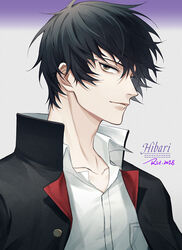  1boy black_hair black_jacket buttons character_name collarbone collared_jacket collared_shirt commentary_request grey_background hibari_kyouya high_collar jacket katekyo_hitman_reborn! looking_at_viewer male_focus multicolored_background open_clothes open_jacket partial_commentary pocket purple_background ru_(famia) shirt simple_background solo upper_body white_shirt 