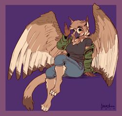  avian barefoot big_breasts bird blush bottomwear breasts clothed clothing feathered_wings feathers greasymojo gryphon hi_res jeans off_shoulder owl pants shirt sitting solo sona_(noxiis) topwear wings 