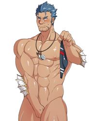  1boy abs asutarou bara beard black_male_swimwear blue_hair blush completely_nude covering_crotch covering_privates cowboy_shot facial_hair fins fish_boy groin jewelry large_pectorals long_sideburns male_focus male_swimwear mature_male muscular muscular_male necklace nipples nude obliques pectorals presenting_swimsuit shell shell_necklace short_hair sideburns simple_background solo stomach stubble sweatdrop swim_briefs thick_thighs thighs tokyo_afterschool_summoners triton_(housamo) 