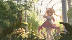  :o ahoge animal_ear_fluff animal_ears azur_lane bell blonde_hair bow breasts cat_ears cat_girl cat_tail day detached_sleeves dress dress_bow feet_out_of_frame female frilled_dress frilled_sleeves frills hair_between_eyes hand_up highres indoors jingle_bell large_breasts long_hair michishio_(azur_lane) michishio_(fluttering_fanfare)_(azur_lane) official_alternate_costume palm_tree pink_bow pink_dress plant scenery short_sleeves sidelocks skirt skirt_hold solo tail thighhighs tree twintails white_dress white_thighhighs window yellow_eyes yuma_(594986561) zettai_ryouiki 