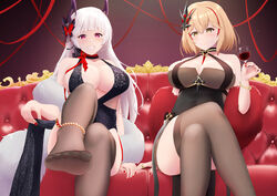  2girls alcohol azur_lane black_dress blonde_hair breasts brown_thighhighs center_opening choker cleavage couch cup dress drink drinking_glass evening_gown feather_boa feet feet_out_of_frame foot_out_of_frame from_below fur_shawl halter_dress halterneck headgear highres holding holding_drink large_breasts legs long_hair looking_at_viewer misoka1m multiple_girls nail_polish no_shoes official_alternate_costume plunging_neckline purple_eyes red_choker red_hair red_nails red_wine roon_(azur_lane) roon_(viridescent_lullaby)_(azur_lane) shawl sitting sleeveless sleeveless_dress smile thighhighs tight_clothes tight_dress toes white_hair wine wine_glass yellow_eyes yorck_(azur_lane) yorck_(breaker_under_the_blood_moon)_(azur_lane) 