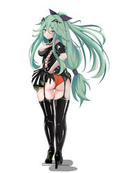  absurdres alternate_costume alternate_hairstyle ass ass_grab baji_toufuu_(bajitohfu) black_dress black_footwear black_thighhighs boots breasts commission commissioner_upload cosplay dress female from_behind garter_straps gloves grabbing_own_ass green_eyes green_hair hair_between_eyes hair_flaps hair_ornament hair_ribbon hairclip halloween halloween_costume highres johnston_(halloween_mode)_(kancolle) johnston_(kancolle) johnston_(kancolle)_(cosplay) kantai_collection latex latex_boots latex_dress long_hair looking_at_viewer looking_back medium_breasts off_shoulder panties parted_bangs ponytail red_panties ribbon shiny_clothes sidelocks single_glove skeb_commission solo spread_ass standing thigh_boots thighhighs underwear vampire_costume yamakaze_(kancolle) 