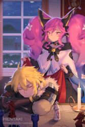  1boy alberius_(dragalia_lost) artist_name black_dress blonde_hair blue_hair brown_gloves candle capelet cleo_(dragalia_lost) closed_eyes closed_mouth commentary covering_with_blanket crossed_arms curtains dragalia_lost dress english_commentary female fire fur_trim gloves gradient_hair hair_between_eyes hentaki highres indoors long_hair long_sleeves multicolored_hair pink_hair sidelocks smile transparent twintails very_long_hair watermark web_address white_capelet window 